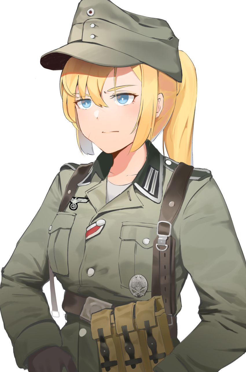 1girl absurdres ammunition_pouch belt belt_buckle blonde_hair blue_eyes buckle collarbone gloves hat high_ponytail highres load_bearing_equipment military military_uniform original pouch serious simple_background soldier solo unicron_(brous) uniform upper_body white_background world_war_ii