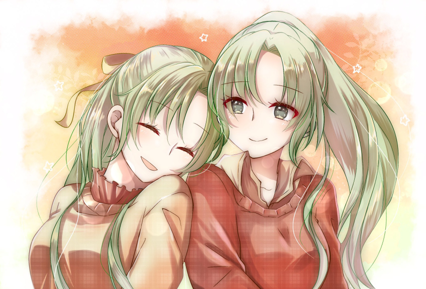 2girls :d ^_^ bangs breasts brown_shirt brown_sweater closed_eyes closed_mouth collarbone commentary_request eyebrows_visible_through_hair green_eyes green_hair hair_ribbon happy highres higurashi_no_naku_koro_ni light_blush long_hair looking_at_another looking_to_the_side multiple_girls open_mouth parted_bangs ponytail red_shirt red_sweater ribbon rin_(yuuuu_rinnnn) shirt siblings sisters smile sonozaki_mion sonozaki_shion star_(symbol) starry_background sweater twins unmoving_pattern upper_body yellow_ribbon