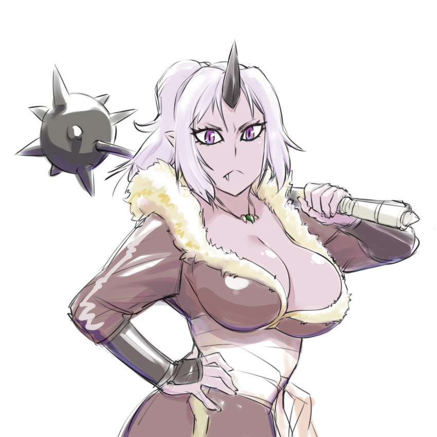 1girl breasts cleavage closed_mouth highres horns large_breasts long_hair looking_at_viewer ponytail purple_eyes purple_hair shion_(tensei_shitara_slime_datta_ken) simple_background single_horn solo tensei_shitara_slime_datta_ken ueyama_michirou upper_body weapon white_background