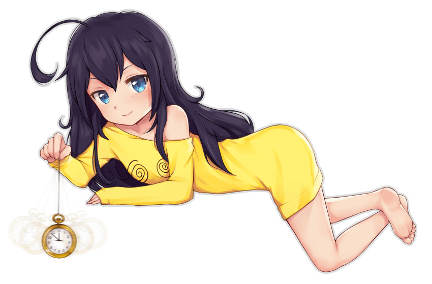 1girl ahoge barefoot black_hair blue_eyes child curly_hair feet femdom flat_chest highres hypno-tan hypnohub hypnosis long_hair mind_control nyatrix original pendulum pocket_watch solo transparent_background watch