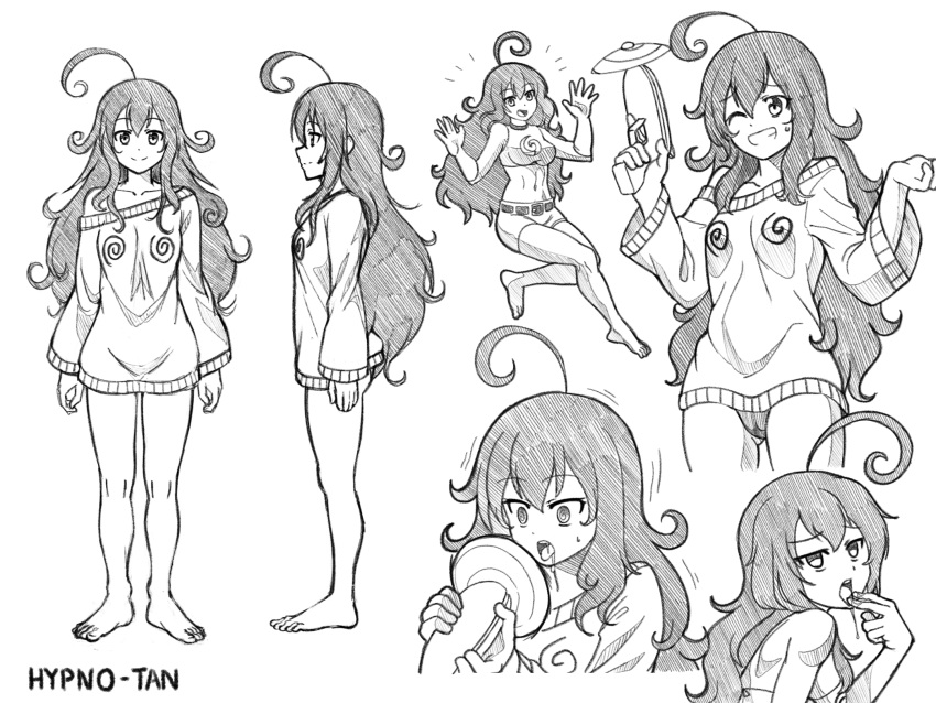 1girl ahegao ahoge barefoot black_hair breasts character_name character_sheet curly_hair energy_gun gloves greyscale hatching_(texture) highres hypno-tan hypnohub linear_hatching monochrome multiple_views myuk open_mouth original panties ray_gun reference_sheet saliva small_breasts spiral_eyes tongue tongue_out traditional_media underwear weapon