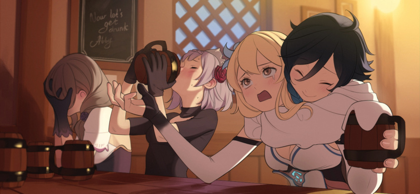 1boy 3girls alcohol bangs beer beer_mug black_gloves black_hair blonde_hair blue_hair blush breasts cleavage closed_eyes cup detached_sleeves drinking drunk eyebrows_visible_through_hair flower genshin_impact gloves gradient_hair hair_between_eyes hair_flower hair_ornament hands_on_own_face highres hug indoors light_brown_hair lisa_(genshin_impact) long_hair lumine_(genshin_impact) mug multicolored_hair multiple_girls noelle_(genshin_impact) open_mouth purple_flower purple_rose red_flower red_rose revolmxd rose short_hair short_hair_with_long_locks short_sleeves silver_hair smile table tears venti_(genshin_impact)