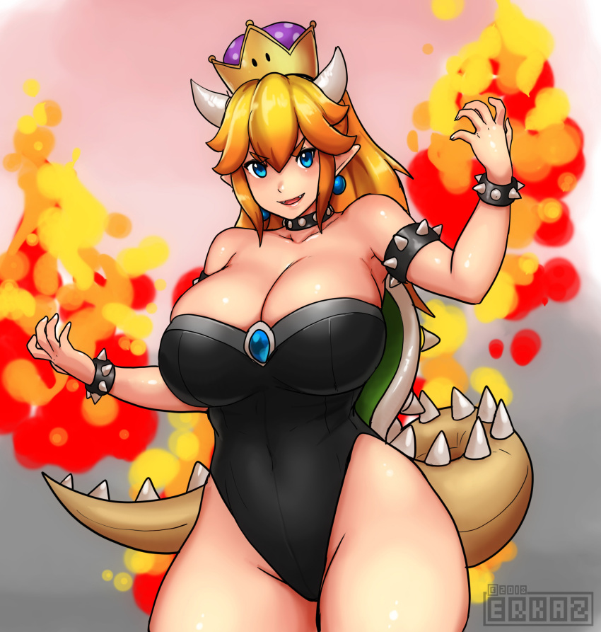 1girl absurdres artist_name bare_shoulders black_collar black_leotard blue_eyes blush bowsette bracelet breasts cleavage collar crown earrings erkaz fangs hair_between_eyes hands_up highres horns huge_breasts jewelry leotard mario_(series) new_super_mario_bros._u_deluxe pointy_ears solo spiked_armlet spiked_bracelet spiked_collar spiked_shell spiked_tail spikes strapless strapless_leotard super_crown tail turtle_shell