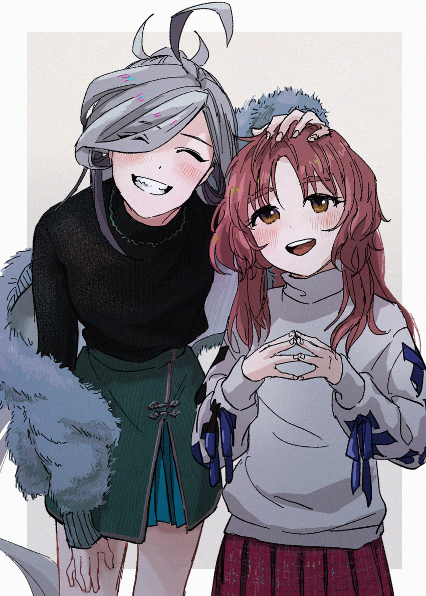 2girls ahoge asashimo_(kantai_collection) bangs black_sweater blush brown_eyes closed_eyes eyebrows_visible_through_hair fingers_together fur-trimmed_jacket fur_trim green_skirt grey_hair grin hair_over_one_eye hand_on_another's_head highres jacket kantai_collection long_hair long_sleeves multiple_girls open_mouth pleated_skirt ponytail red_hair red_skirt simple_background skirt smile sweater thick_eyebrows turtleneck turtleneck_sweater two-tone_background yashiro_(kantai_collection) zippo_teifujou