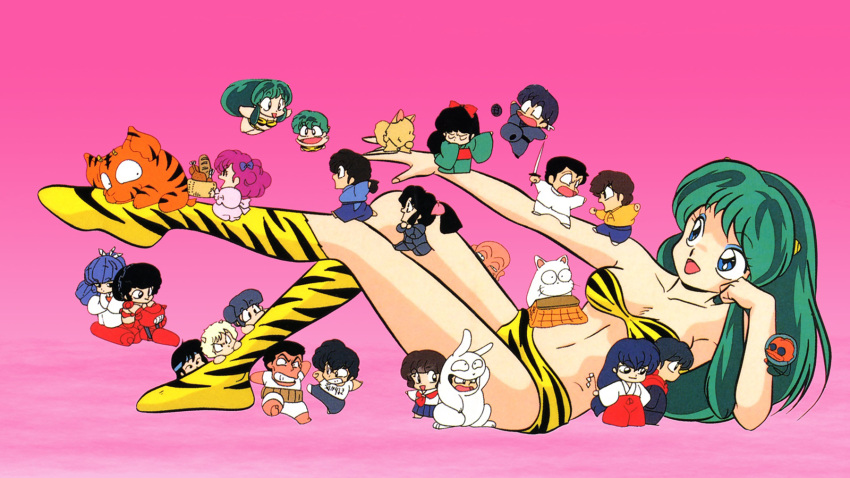 1980s_(style) 6+boys 6+girls benten bikini blue_eyes boots chibi eyeshadow fujinami_ryuunosuke ginger_(urusei_yatsura) green_hair highres horns knee_boots kotatsu-neko long_hair lum makeup mendou_ryouko miyake_shinobu mizunokouji_asuka moroboshi_ataru multiple_boys multiple_girls official_art oni oni_horns open_mouth oyuki_(urusei_yatsura) pepper_(urusei_yatsura) pink_background ran_(urusei_yatsura) retro_artstyle sakura_(urusei_yatsura) sakuranbou_(urusei_yatsura) scan strapless strapless_bikini sugar_(urusei_yatsura) swimsuit takahashi_rumiko ten_(urusei_yatsura) tiger_stripes urusei_yatsura