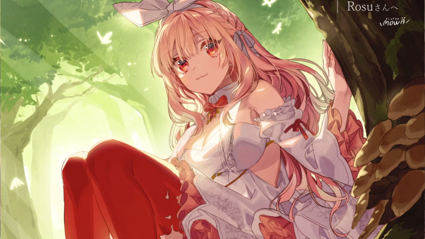 :3 artist_name atelier_live bare_shoulders breasts bug butterfly detached_sleeves hair_ribbon highres insect large_breasts long_hair long_sleeves looking_at_viewer mushroom pink_hair pinku red_eyes red_legwear ribbon rosuuri screencap smile tree