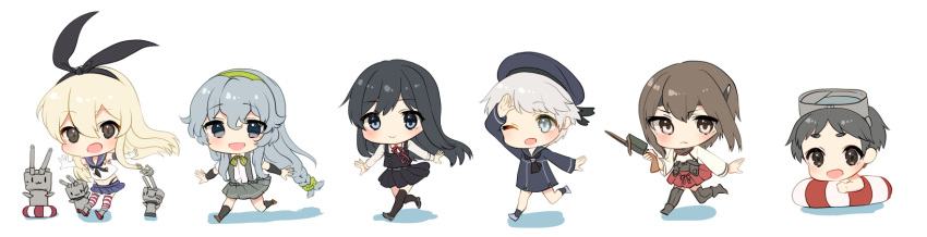 6+girls akagi_kurage asashio_(kantai_collection) bangs black_dress black_hair black_legwear blonde_hair blue_skirt braid brown_hair chibi closed_mouth diving_mask diving_mask_on_head dress elbow_gloves eyebrows_visible_through_hair gloves grey_hair grey_skirt hair_between_eyes hair_ornament hair_scrunchie hairband hat headgear highres innertube kantai_collection long_hair long_sleeves maru-yu_(kantai_collection) multiple_girls one_eye_closed open_mouth pinafore_dress rensouhou-chan sailor_collar sailor_dress sailor_hat school_uniform scrunchie serafuku shimakaze_(kantai_collection) short_hair silver_hair simple_background single_braid skirt striped striped_legwear suspender_skirt suspenders taihou_(kantai_collection) thighhighs white_background yamagumo_(kantai_collection) z1_leberecht_maass_(kantai_collection)