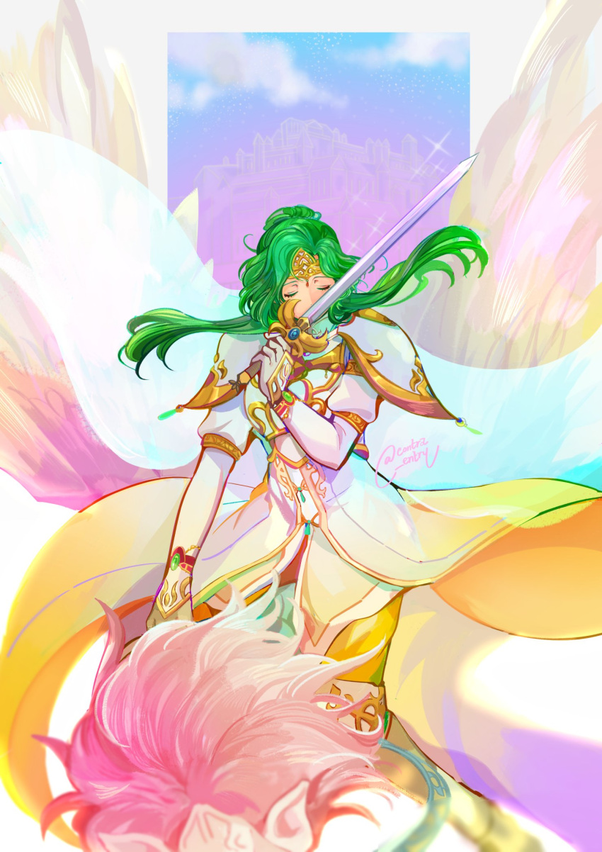 1girl amiti closed_eyes commentary dress elincia_ridell_crimea fire_emblem fire_emblem:_path_of_radiance green_hair highres holding holding_sword holding_weapon lamb_(contra_entry) left-handed long_hair solo sword weapon white_dress