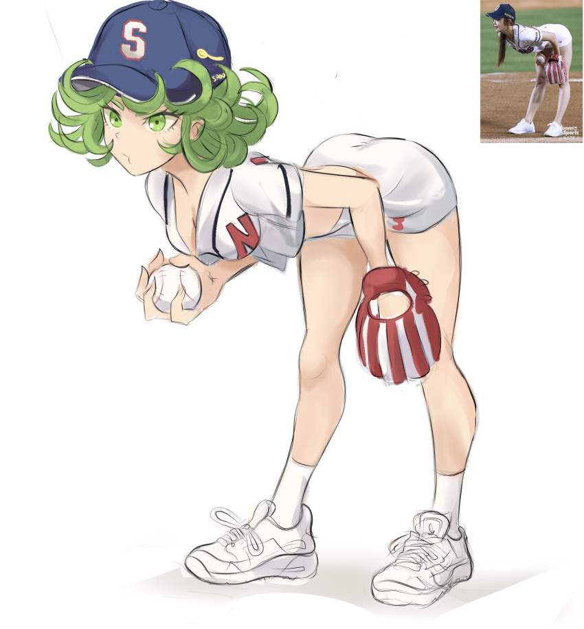 1girl :t ass ball baseball baseball_cap baseball_mitt bent_over breasts chewing cleavage crop_top downblouse english_commentary full_body green_eyes green_hair hat highres holding holding_ball one-punch_man pantylines playing_sports rakeem_garcia-cueto reference_photo reference_photo_inset shoes short_hair shorts small_breasts sneakers socks solo sport tatsumaki white_footwear white_legwear white_shorts