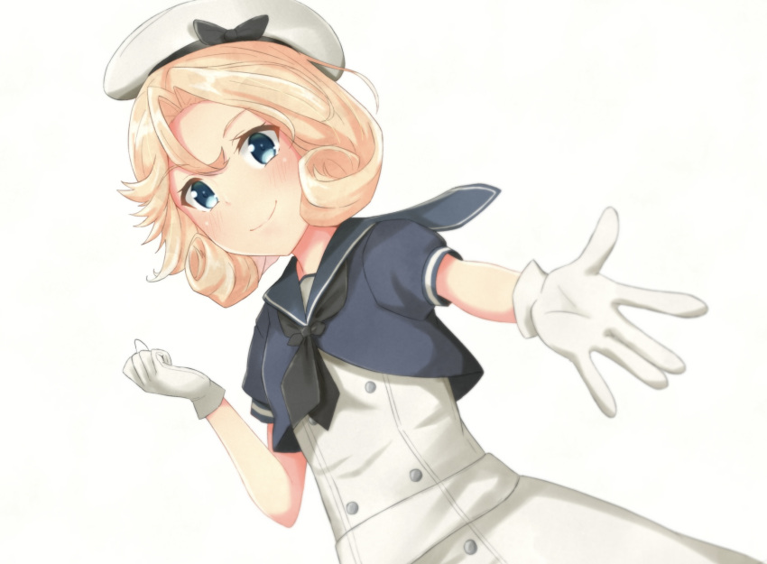 1girl blonde_hair blue_eyes blue_sailor_collar blush closed_mouth dress eyebrows_visible_through_hair gloves hat highres janus_(kantai_collection) kantai_collection kure_jirou reaching_out sailor_collar sailor_dress sailor_hat short_hair short_sleeves simple_background smile solo upper_body white_background white_dress white_gloves white_headwear