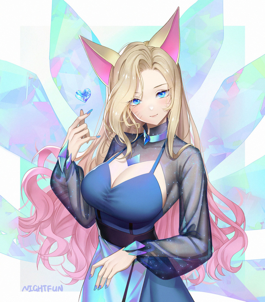 1girl ahri alternate_costume animal_ears artist_name blonde_hair blue_choker blue_eyes breasts choker cleavage fox_ears gradient_hair highres k/da_(league_of_legends) k/da_all_out_ahri large_breasts league_of_legends looking_at_viewer multicolored_hair nail_polish nightfun pink_hair see-through smile tail