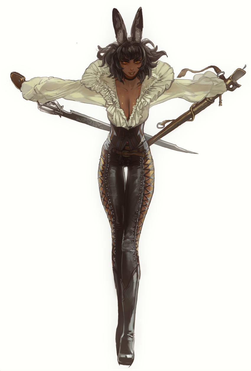 1girl absurdres animal_ears bags_under_eyes belt black_choker black_footwear black_hair boots breasts bunny_ears choker cleavage commission corset cross-laced_clothes final_fantasy final_fantasy_xiv frilled_shirt_collar frills full_body gun gunblade gunbreaker_(final_fantasy) highres holding holding_gun holding_weapon knee_boots large_breasts leather leather_boots leather_pants long_legs looking_at_viewer mossacannibalis orange_eyes outstretched_arms pants scabbard sheath shirt solo thick_eyebrows thigh_gap unsheathing viera weapon white_shirt