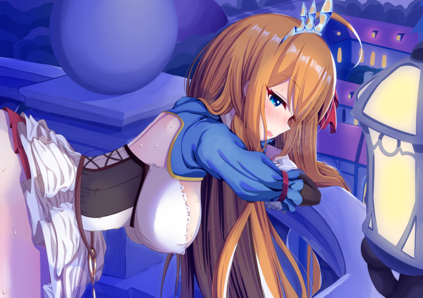 1girl ahoge bangs blue_eyes blush breasts cleavage dress eyebrows_visible_through_hair gloves hair_between_eyes large_breasts long_hair night open_mouth orange_hair pecorine_(princess_connect!) princess_connect! princess_connect!_re:dive profile red_ribbon ribbon skirt_up solo sweatdrop syurimp tiara very_long_hair white_gloves