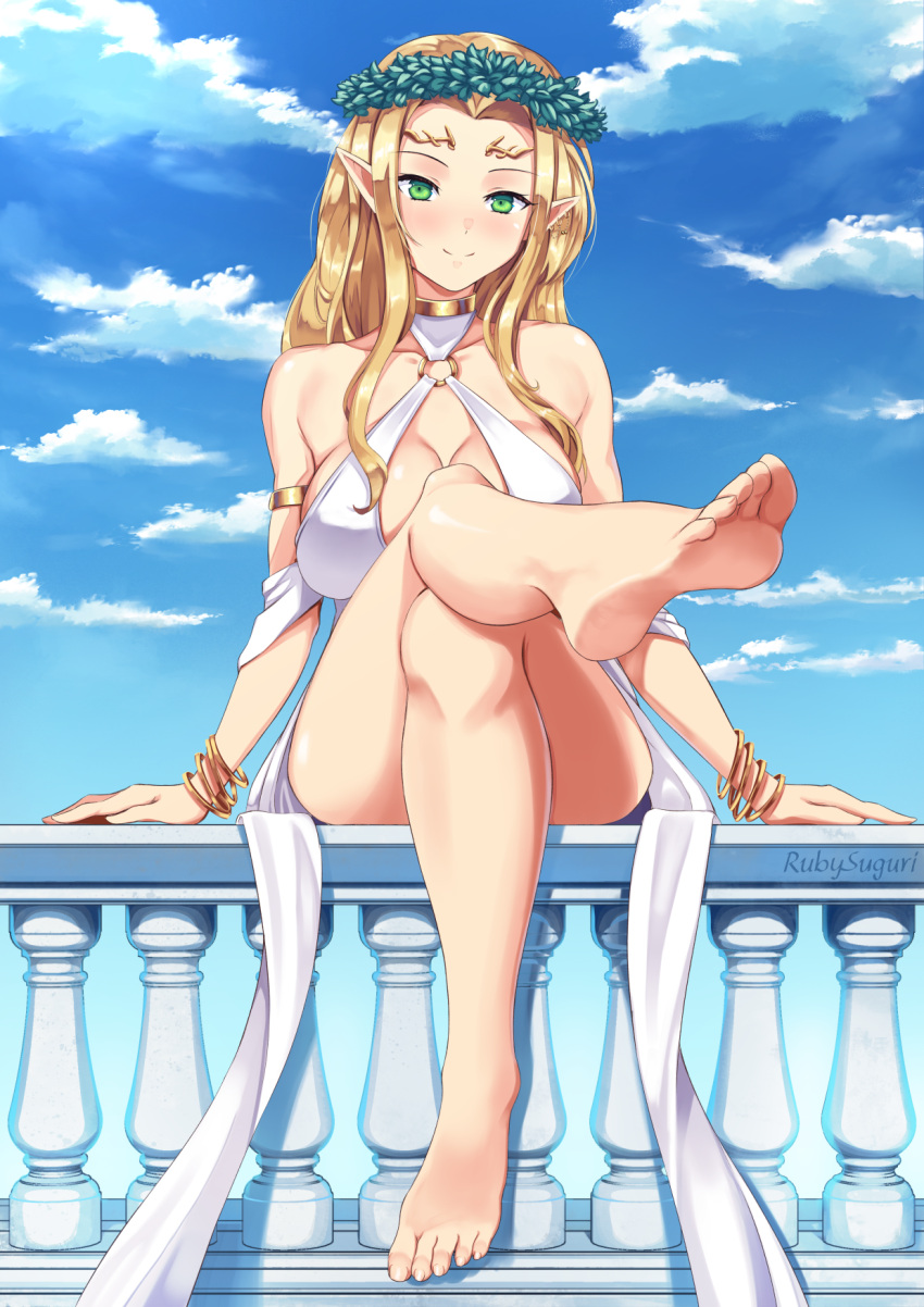 1girl bare_legs bare_shoulders barefoot blonde_hair breasts celestine_lucullus covering_nipples dress elf feet feet_up green_eyes head_wreath highres jewelry kuroinu_~kedakaki_seijo_wa_hakudaku_ni_somaru~ long_hair looking_at_viewer olive_wreath pointy_ears revealing_clothes ruby_suguri sitting sleeveless sleeveless_dress smile soles white_dress