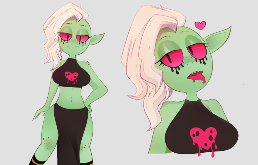 &lt;3 2021 alien alien_humanoid arkeus disney female green_body green_skin hair hi_res humanoid humanoid_pointy_ears lord_dominator midriff mohawk not_furry red_sclera sleeveless solo tongue tongue_out wander_over_yonder white_hair