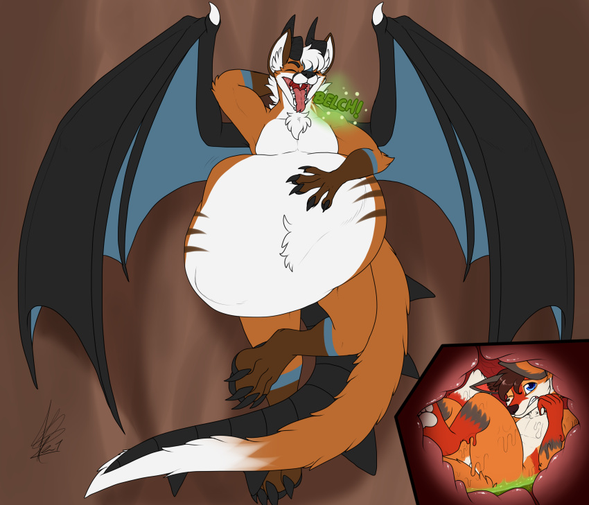abdominal_bulge absurd_res after_vore anthro belly big_belly burping canid canine digestion dragon duo feroxdoon fox gregory_mist-tail hi_res hybrid hyper hyper_belly internal lying male male/male mammal melting mouth_shot muscular on_back open_mouth oral_vore predator/prey red_fox shikaro soft_vore squirming squirming_gut thick_tail vore wings