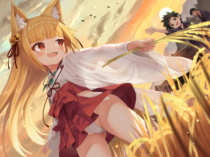 1girl 2boys :d animal_ear_fluff animal_ears ass ass_visible_through_thighs bangs bell bird blonde_hair cameltoe chihaya_(clothing) cloud cloudy_sky eyebrows_visible_through_hair fang farm field fox_ears fox_girl fox_tail from_below fundoshi fuyu_no_kareha hair_bell hair_ornament hair_ribbon hakama hakama_skirt hip_vent japanese_clothes jewelry jingle_bell kimono long_hair looking_back magatama magatama_necklace miko mountain multiple_boys necklace open_mouth original outdoors red_eyes red_hakama ribbon rice_paddy rural scenery short_eyebrows sky smile sun sunlight tail thick_eyebrows upskirt white_kimono wide_sleeves