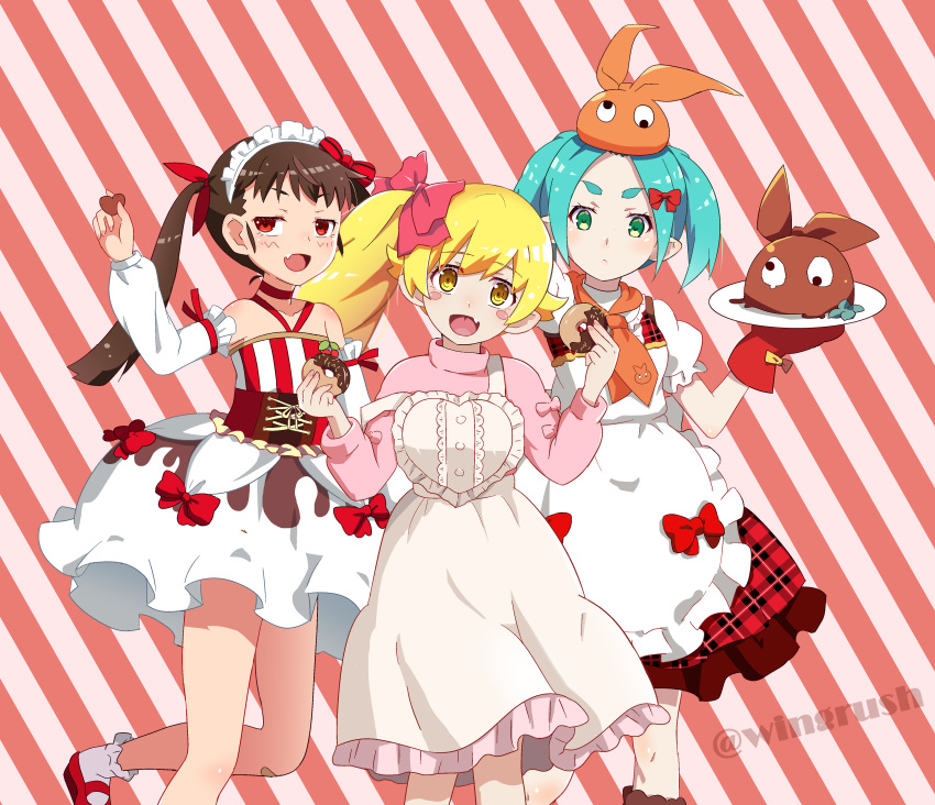 3girls absurdres alternate_costume apron aqua_hair bangs black_hair black_neckwear blonde_hair blush blush_stickers eyebrows_visible_through_hair fang food fooring green_eyes hachikuji_mayoi hair_ribbon hairband happy highres long_hair looking_at_viewer maid maid_apron maid_day monogatari_(series) multiple_girls ononoki_yotsugi open_mouth oshino_shinobu ribbon skin_fang skirt smile thick_eyebrows twintails yellow_eyes