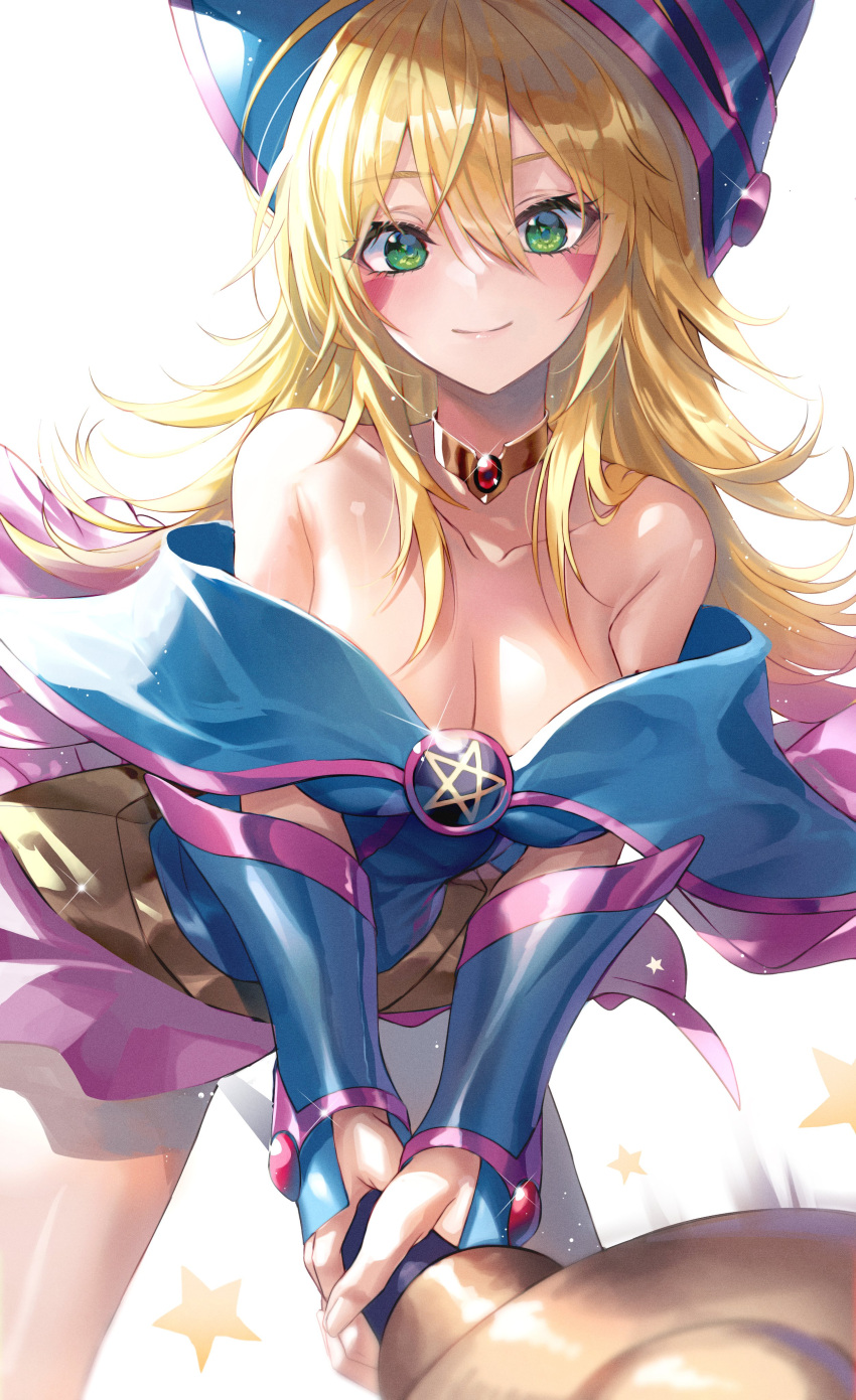 1girl absurdres bangs bare_shoulders blonde_hair blush_stickers breasts cleavage closed_mouth collar collarbone dark_magician_girl dress duel_monster eyebrows_visible_through_hair green_eyes hat highres holding lips long_hair looking_at_viewer medium_breasts okazu_(eightstudio) pentagram shiny short_dress short_hair simple_background smile solo staff star_(symbol) white_background wizard_hat yu-gi-oh! yu-gi-oh!_duel_monsters