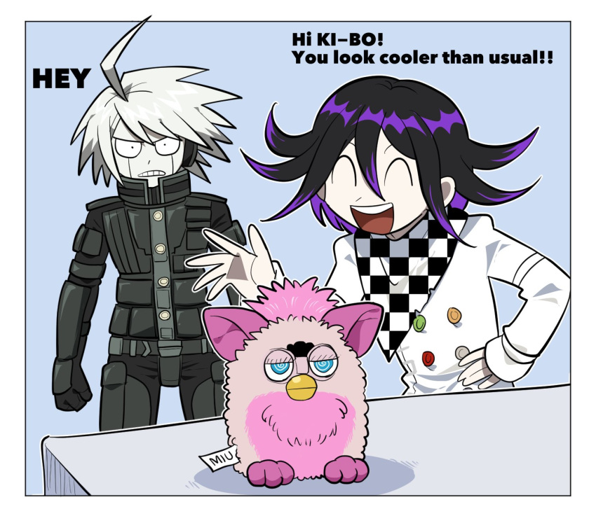 2boys :d ahoge android angry bangs blue_background border checkered checkered_scarf clenched_teeth commentary danganronpa_(series) danganronpa_v3:_killing_harmony frown furby furukawa_(yomawari) grey_hair hand_up highres jacket keebo long_sleeves male_focus multiple_boys open_mouth ouma_kokichi pale_skin scarf smile standing straitjacket teeth white_border white_jacket wide-eyed
