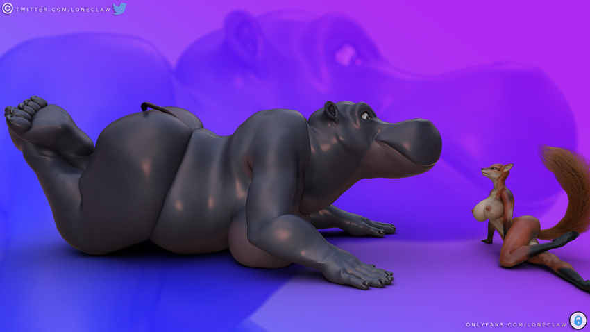 16:9 abdominal_bulge anthro belly big_breasts big_butt breasts butt canid canine common_hippopotamus daz3d daz_3d daz_studio female female/female fox group hippopotamid huge_breasts huge_butt huge_thighs jasmine_(loneclaw) larger_female loneclaw looking_at_another lying lying_on_breasts lying_on_ground mammal neck_bulge on_front oral_vore red_fox size_difference smaller_female smile swallowed swallowing thick_thighs turned_on vore wide_hips widescreen willing_vore