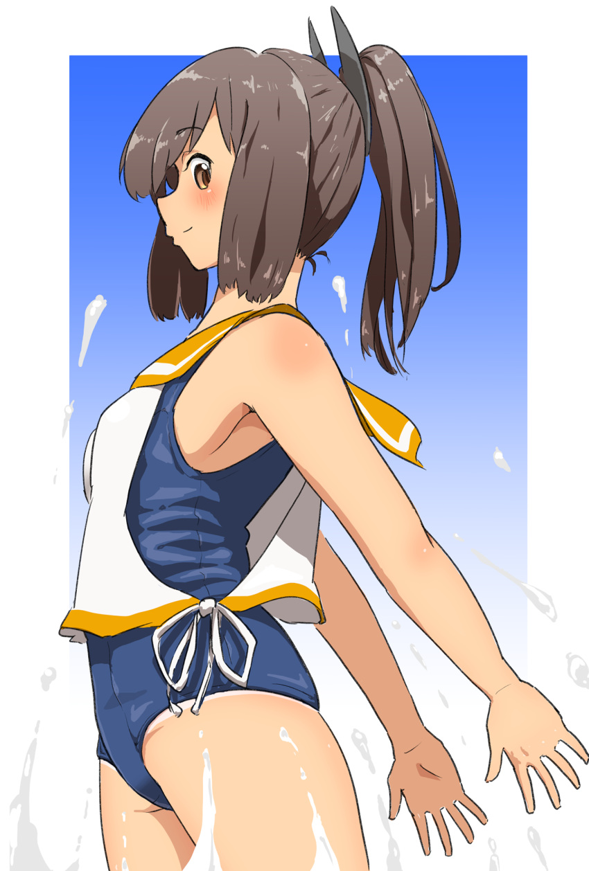 1girl brown_eyes brown_hair commentary_request cowboy_shot hair_ornament hairclip highres i-401_(kantai_collection) kantai_collection looking_at_viewer namakura_neo one-piece_tan orange_sailor_collar ponytail profile sailor_collar school_swimsuit shirt short_hair short_ponytail side-tie_shirt sleeveless sleeveless_shirt solo splashing standing swimsuit swimsuit_under_clothes tan tanline water