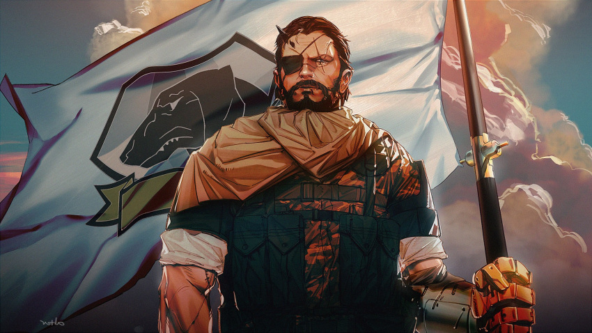 1boy alterab artist_name backlighting beard blue_eyes brown_hair cloak cloud cloudy_sky dawn english_commentary expressionless eyepatch facial_hair film_grain flag highres holding holding_flag horns male_focus mechanical_arm metal_gear_(series) metal_gear_solid_v morning muscular parted_lips prosthesis prosthetic_arm scar scar_across_eye scar_on_arm scar_on_cheek scar_on_face scar_on_nose single_horn sky sleeves_rolled_up solo standing venom_snake widow's_peak