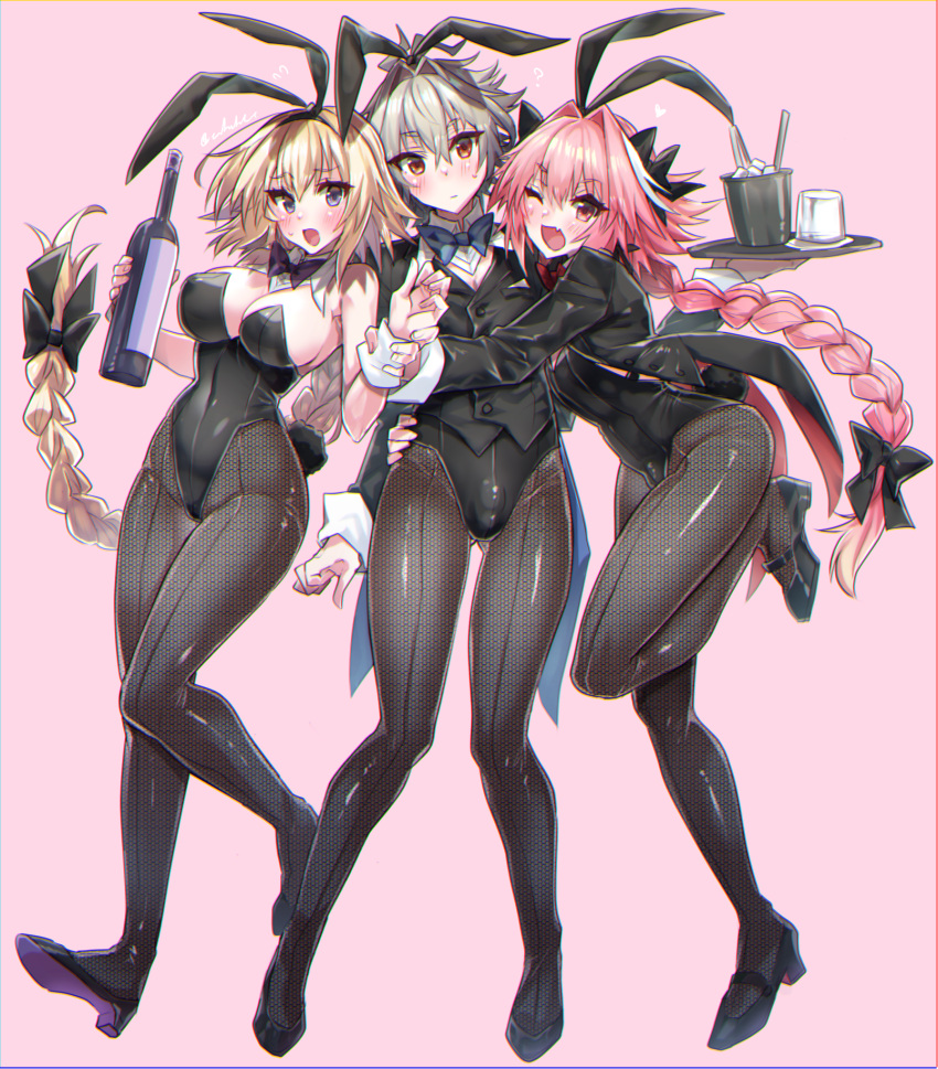 1girl 2boys ;d ? animal_ears astolfo_(fate) bangs bare_shoulders black_bow black_footwear black_headband black_jacket black_leotard blonde_hair blue_neckwear blush bottle bow bowtie braid breasts brown_legwear bulge bunny_ears bunny_tail closed_mouth coattails commentary_request crossdressing cup detached_collar eyebrows_visible_through_hair fake_animal_ears fake_tail fang fate/apocrypha fate_(series) fishnet_legwear fishnets flying_sweatdrops full_body grey_hair hair_between_eyes hair_bow hair_intakes haoro head_tilt headband heart high_heels highleg highleg_leotard highres holding holding_bottle holding_tray hug ice ice_cube jacket jeanne_d'arc_(fate) jeanne_d'arc_(fate)_(all) large_breasts leotard long_hair long_sleeves looking_at_viewer male_playboy_bunny multicolored_hair multiple_boys one_eye_closed open_clothes open_jacket open_mouth orange_eyes otoko_no_ko pantyhose pink_background pink_hair playboy_bunny purple_eyes purple_neckwear red_neckwear shiny shiny_clothes shiny_hair sidelocks sieg_(fate/apocrypha) simple_background single_braid skin_fang smile standing standing_on_one_leg strapless strapless_leotard streaked_hair sweatdrop tail tongs tray twitter_username very_long_hair white_hair wine_bottle wrist_cuffs wrist_grab