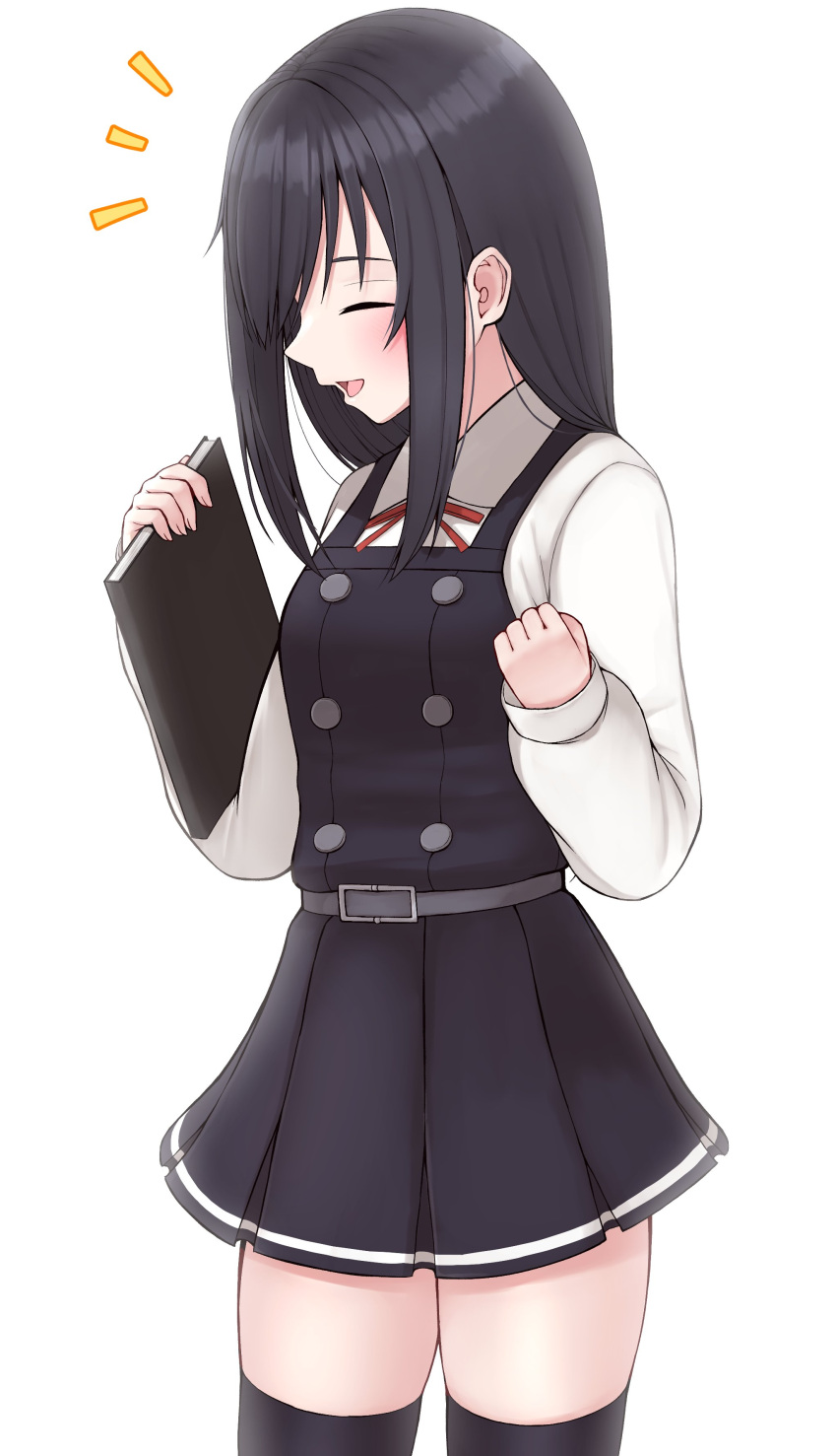 1girl absurdres asashio_(kantai_collection) black_hair black_legwear book closed_eyes commentary_request dress highres kantai_collection long_hair long_sleeves pinafore_dress profile remodel_(kantai_collection) shirt simple_background solo thighhighs tiemu_(man190) white_background white_shirt