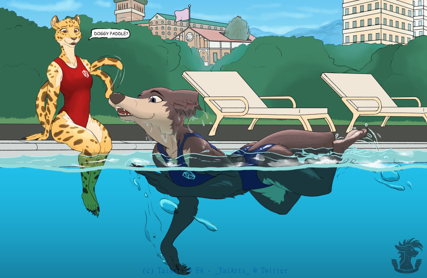 2021 5_fingers 5_toes absurd_res anthro barefoot beastars black_claws black_nose blue_clothing blue_one-piece_swimsuit blue_swimwear brown_body brown_fur canid canine canis cheetah claws clothed clothing countershade_face countershade_legs countershade_torso countershading day digital_media_(artwork) doggy_paddle duo english_text feet felid feline female finger_claws fingers fur hi_res humanoid_feet humanoid_hands juno_(beastars) looking_at_another mammal multicolored_body multicolored_fur one-piece_swimsuit open_mouth outside partially_submerged pool_chair red_clothing red_one-piece_swimsuit red_swimwear school school_swimsuit shaded shiira_(beastars) sitting swimming swimming_pool swimwear tagme taiarts tan_body tan_countershading tan_fur teeth text toe_claws toes two_tone_body two_tone_fur water wet wet_body wet_fur white_body white_countershading white_fur widescreen wolf yellow_body yellow_fur