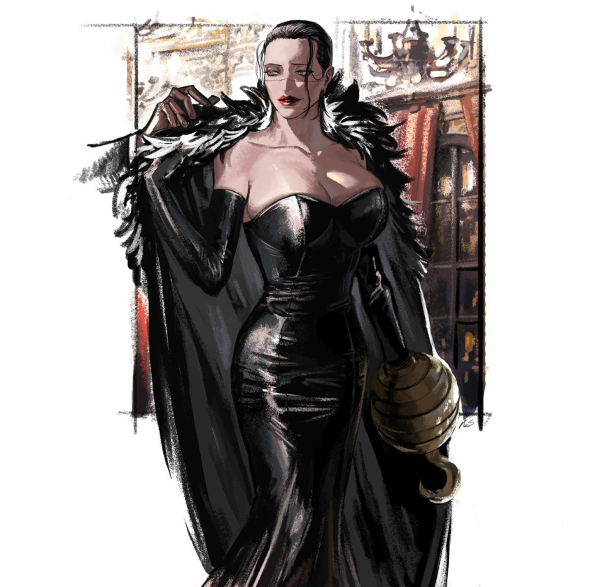 1girl black_dress black_hair breasts cape cleavage collarbone dress elbow_gloves eyeshadow forehead fur_cape genderswap genderswap_(mtf) gloves gown green_eyes hook_hand large_breasts leather leather_gloves makeup nisir0 no_bra one_piece scar scar_on_face scar_on_nose short_hair sir_crocodile solo_focus strapless strapless_dress