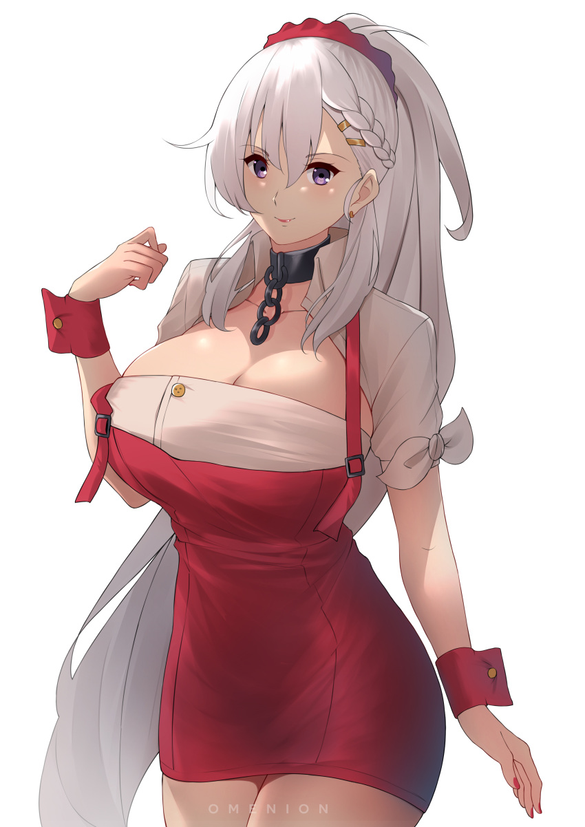 1girl absurdres apron artist_name azur_lane beige_shirt belfast_(azur_lane) belfast_(piping-hot_perfection)_(azur_lane) braid breasts broken broken_chain chain cleavage french_braid hair_between_eyes hair_ornament hair_scrunchie highres large_breasts long_hair low_neckline official_alternate_costume omenion ponytail purple_eyes red_apron red_scrunchie scrunchie simple_background solo very_long_hair waitress white_background white_hair wrist_cuffs