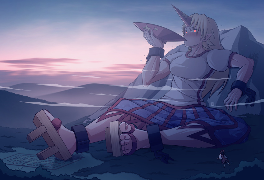 2girls alternate_size blonde_hair blue_skirt blush breasts commentary cuffs cup drinking drunk english_commentary full_body geta giant giantess hakurei_reimu highres horns hoshiguma_yuugi long_skirt looking_at_another medium_breasts mountain mountainous_horizon multiple_girls muscular muscular_female oni orange_eyes pointy_ears red_horns sakazuki shackles shirt single_horn size_difference skirt t-shirt thunderafterdark toenails toes touhou