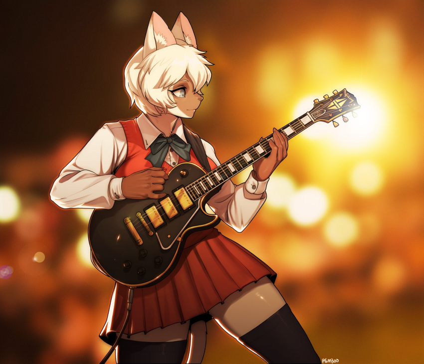 anthro black_thigh_highs bottomwear clothing electric_guitar felid feline female grey_eyes guitar hair hi_res legwear les_paul mammal musical_instrument pgm300 pleated_skirt plucked_string_instrument short_hair signature skirt solo solo_focus string_instrument thigh_highs white_hair