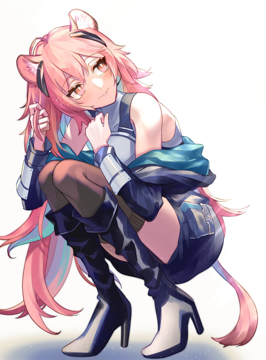 1girl animal_ear_fluff animal_ears arknights armor barcode_tattoo blush boots breastplate breasts brown_eyes brown_jacket brown_legwear earpiece eyebrows_visible_through_hair fur-trimmed_jacket fur_trim geta_(epicure_no12) gradient gradient_background gravel_(arknights) hair_between_eyes headgear headphones highres jacket lips long_sleeves looking_at_viewer medium_breasts medium_hair mouse_girl open_clothes open_jacket partial_bodysuit pink_hair solo squatting tail tattoo thigh_boots thighhighs white_background