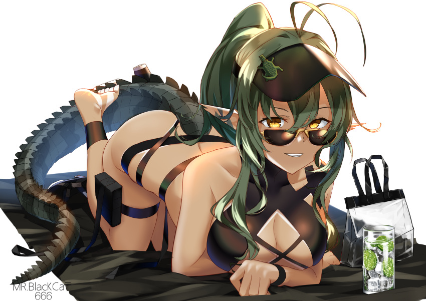 arknights barefoot bikini breasts cleavage dark_skin drink gavial_(arknights) green_hair long_hair mr_blackcat pointed_ears ponytail sunglasses swimsuit tail tan_lines watermark white yellow_eyes