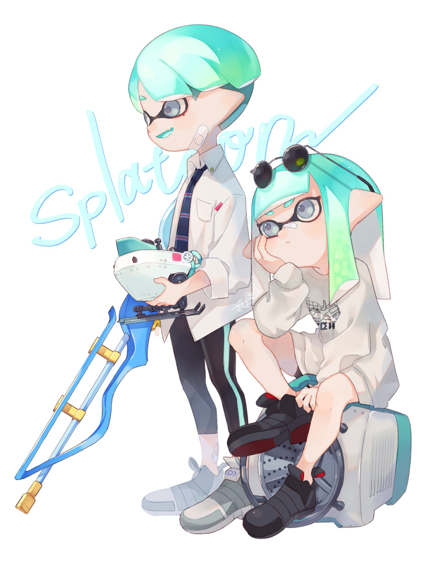 1boy 1girl absurdres aqua_hair aqua_tongue artist_name autobomb_(splatoon) bandaid bandaid_on_face bandaid_on_nose bangs bike_shorts black_footwear black_shorts blue_neckwear blunt_bangs bowl_cut classic_squiffer_(splatoon) closed_mouth commentary copyright_name domino_mask dress_shirt english_text eyewear_on_head fang frown grey-framed_eyewear grey_eyes grey_footwear head_rest highres holding holding_weapon inkling knee_up leggings long_hair long_sleeves looking_at_viewer mask mikoshiba_m necktie no_socks open_mouth pointy_ears shirt shoes short_shorts shorts signature simple_background single_vertical_stripe sitting smile sneakers splatoon_(series) splatoon_2 standing sunglasses sweater tentacle_hair untucked_shirt weapon white_background white_shirt white_sweater wing_collar