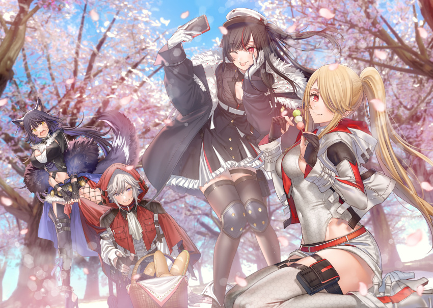1boy 3girls ;p absurdres animal_ears basket black_gloves black_hair black_legwear blonde_hair boots bread breasts cellphone character_request cherry_blossoms cleavage coat covered_navel fingerless_gloves food fur gloves grey_legwear grey_leotard hair_over_one_eye hanami high_heel_boots high_heels highres honeycomb_(pattern) honeycomb_print kippu knee_pads knives_out large_breasts leotard long_hair low_ponytail multiple_girls one_eye_closed one_side_up open_mouth phone ponytail print_legwear print_leotard red_eyes red_hood self_shot silver_hair skirt small_breasts smartphone smile tail thigh_strap thighhighs tongue tongue_out tree wavy_mouth white_hair wolf_ears wolf_tail yellow_eyes