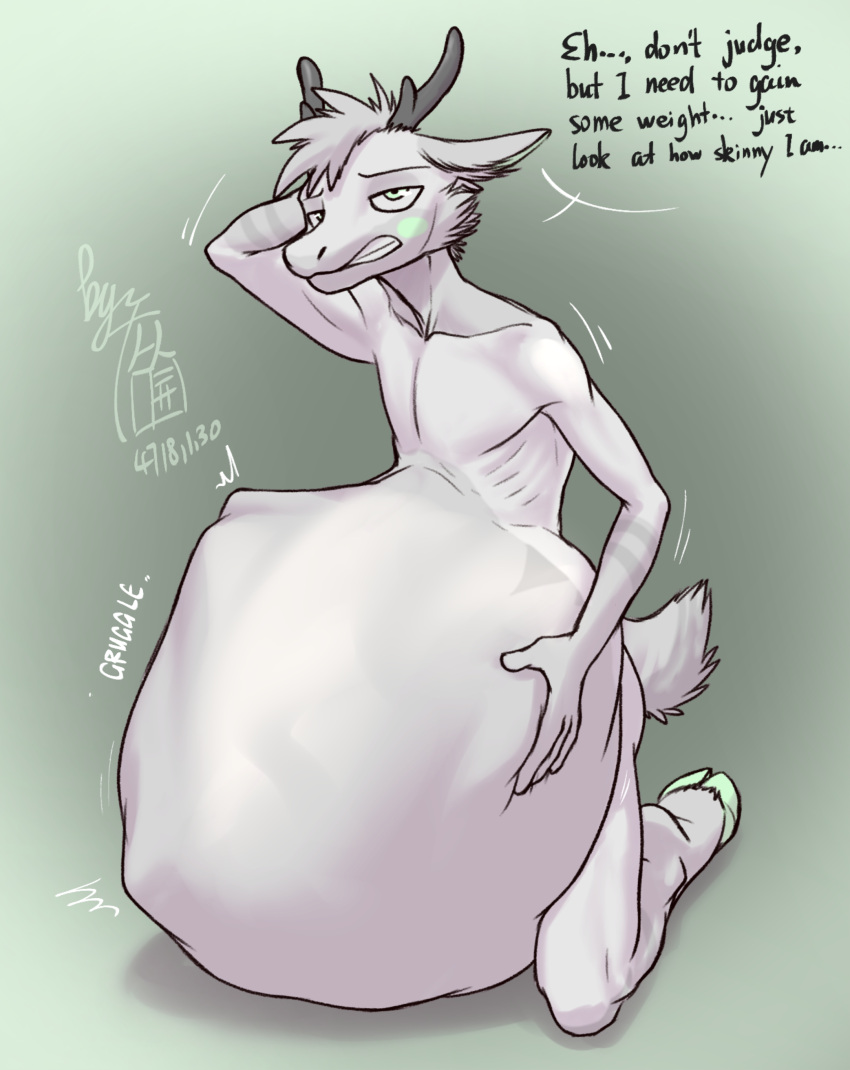 ... 2021 2_toes 4_fingers abdominal_bulge absurd_res after_vore ambiguous_gender ambiguous_prey anthro anthro_pred antlers barefoot belly big_belly biped black_antlers black_eyebrows black_text blue_eyes cervid cervine cheek_tuft clenched_teeth dated dialogue digital_drawing_(artwork) digital_media_(artwork) embarrassed english_text eyebrows facial_markings facial_tuft feet fingers fluffy fluffy_tail front_view fur fur_tuft gradient_background green_hooves green_markings grey_background grey_body grey_fur grey_text half-closed_eyes hand_behind_head hand_on_stomach head_markings head_tuft hi_res hooves horn hyper hyper_belly kneeling looking_at_viewer lunlunfox male male_pred mammal markings motion_lines narrowed_eyes nude number on_ground onomatopoeia oral_vore paw_tuft paws rumbling_stomach seth_(akkifireborker) signature simple_background small_tail soft_vore solo sound_effects speech_bubble talking_to_viewer teeth text three-quarter_view toes tuft vore white_body white_fur white_text