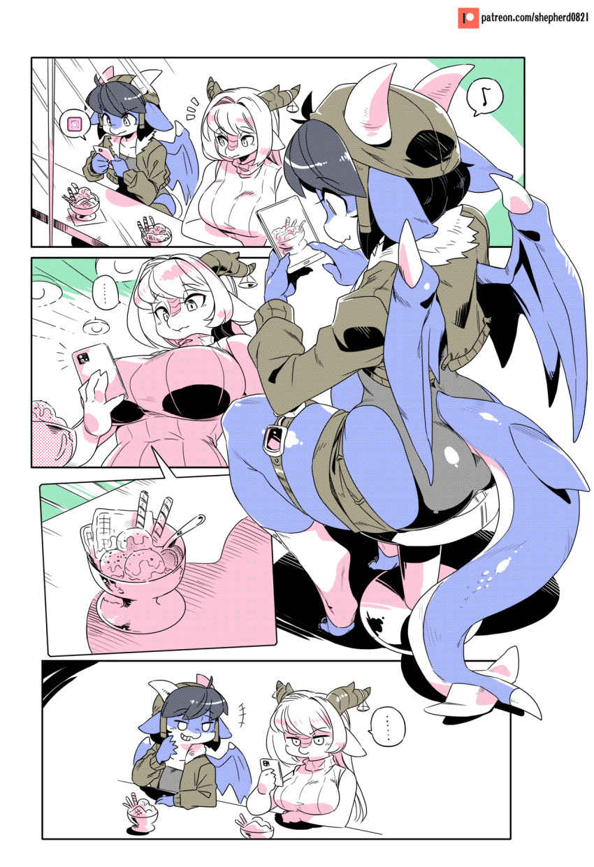 ... 2girls animal_ears aviator_cap bomber_jacket breasts dragon_ears dragon_girl dragon_horns dragon_tail dragon_wings flat_chest food goggles_around_one_leg highres horns ice_cream inconvenient_breasts instagram_logo jacket judge large_breasts leotard_under_clothes levia_(shepherd0821) monster_girl multiple_girls musical_note original pointy_ears ptera_(shepherd0821) scales shadow shepherd0821 short_shorts shorts sleeveless sleeveless_turtleneck spoken_ellipsis spoken_musical_note tail turtleneck weighing_scale wings