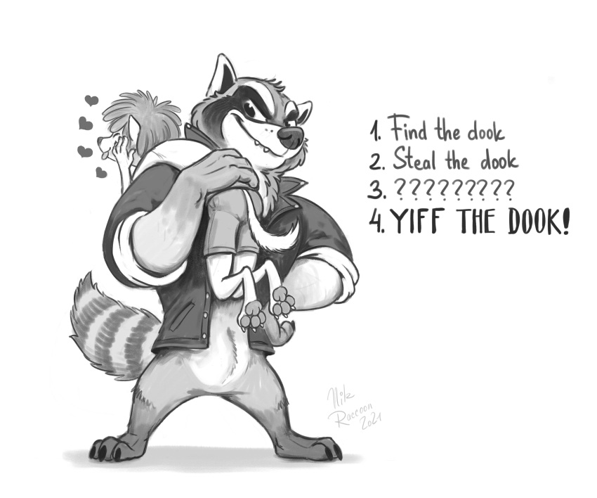 &lt;3 2021 absurd_res anthro blep bottomwear carrying carrying_over_shoulder clothed clothing digital_drawing_(artwork) digital_media_(artwork) domestic_ferret duo english_text greyscale hand_on_hip head_tuft hi_res humor jacket male mammal monochrome mustela mustelid musteline nik159 open_clothing open_jacket open_topwear pants pawpads procyonid raccoon shirt simple_background size_difference smile standing text tongue tongue_out topwear tuft white_background
