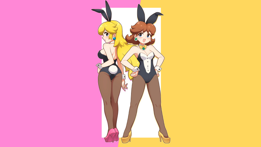 2girls animal_ears ass blonde_hair blue_eyes brown_hair bunnygirl long_hair pantyhose pink princess_daisy princess_peach short_hair super_mario_bros tail takahashi_umori third-party_edit yellow