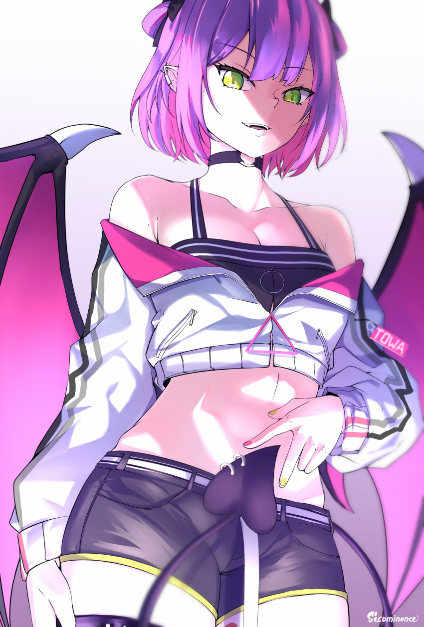 1girl 2ndeminence absurdres alternate_hair_length alternate_hairstyle arm_at_side artist_logo belt black_choker black_shorts blurry breasts character_name choker cleavage contrapposto covered_navel cowboy_shot crop_top cropped_jacket demon_tail demon_wings depth_of_field ear_spike eyelashes fangs fingernails from_below green_eyes grey_background hand_on_own_stomach highres hololive jacket looking_at_viewer midriff multicolored multicolored_hair multicolored_nails nail_polish name_tag o-ring o-ring_choker off_shoulder pink_hair pointy_ears purple_hair short_shorts shorts simple_background small_breasts solo streaked_hair tail tight tokoyami_towa two_side_up v virtual_youtuber white_jacket wings