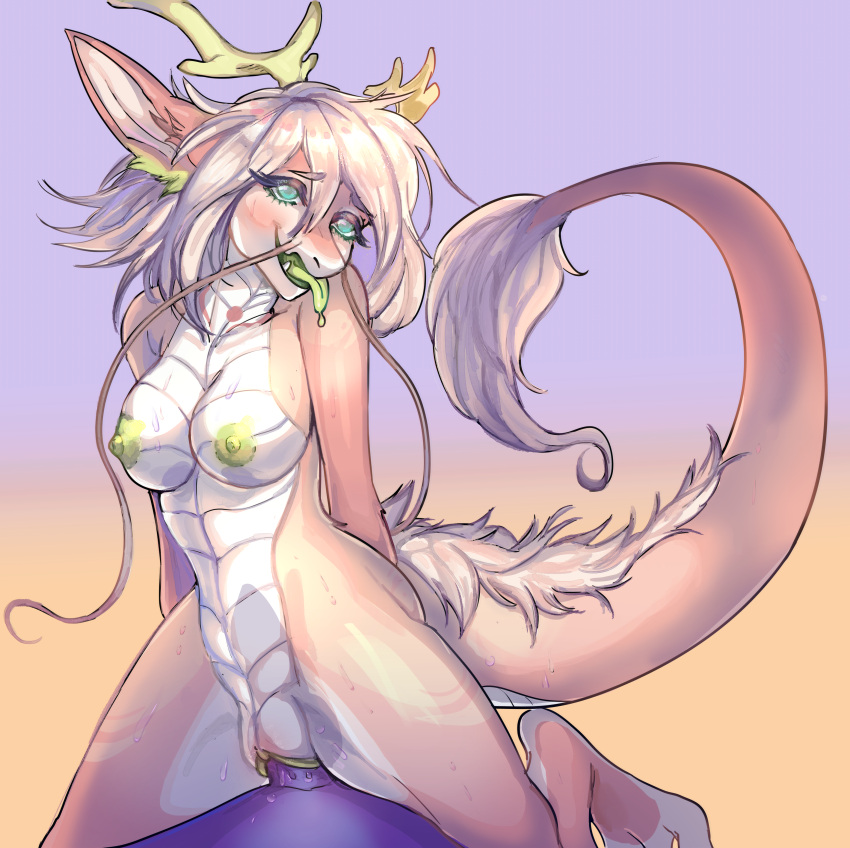 absurd_res ahegao anthro anthro_penetrated antlers asian_mythology blush breasts cowgirl_position dragon east_asian_mythology eastern_dragon female female_focus female_on_top female_penetrated fur genitals green_nipples hair hi_res horn internal kassiradragon knotting large_penetration long_ears looking_pleasured mythology nipples nude on_bottom on_top open_mouth penetration pink_body pink_hair pussy scalie sex simple_background solo tongue tongue_out translucent vaginal vaginal_penetration whiskers yuwi-cyu