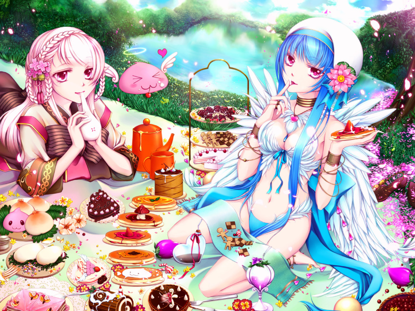 2girls :3 angel_wings angeling bangle bangs baozi barefoot bell berry bikini bikini_bottom blue_bikini blue_bow blue_hair bow bra bracelet braid brown_dress cake candy candy_cane checkerboard_cookie cherry chocolate chocolate_cake commentary_request cookie cup dress drinking drinking_straw eating eyebrows_visible_through_hair feathers finger_licking flower food footwear_removed fruit full_body gingerbread_man grass hair_bell hair_ornament halo heart-shaped_cake heart-shaped_food high_heels hmf_(hydrangea) holding holding_food honey jewelry jingle_bell licking long_hair long_sleeves looking_at_viewer lying mug multiple_girls on_stomach open_mouth orange pancake parted_lips peach picnic pink_eyes pink_flower pink_hair pink_ribbon pond poring ragnarok_online ribbon sandals shirt sitting slime_(creature) soul_linker_(ragnarok_online) spore_(ragnarok_online) strawberry swimsuit syrup teapot tray underwear very_long_hair wanderer_(ragnarok_online) wariza white_bra white_headwear white_shirt white_wings wings yellow_flower yule_log