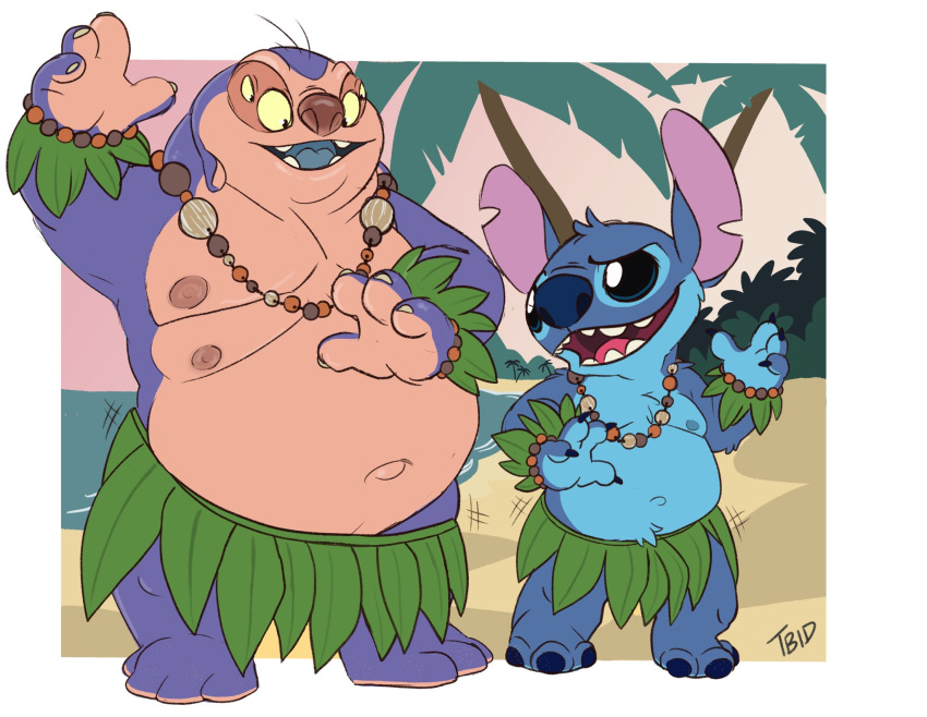 2021 3_toes 4_eyes 4_fingers alien anthro beach belly blue_body blue_eyes blue_fur blue_mouth blue_nose blue_tongue dancing disney duo experiment_(lilo_and_stitch) eyebrows feet fingers fur grass_skirt hi_res hula hula_dancer jumba_jookiba kweltikwan lilo_and_stitch male moobs multi_eye multi_nipple nipples notched_ear open_mouth open_smile overweight palm_tree plant purple_body purple_skin raised_eyebrow sea seaside smile stitch_(lilo_and_stitch) tbid toes tongue tree tropical water yellow_sclera