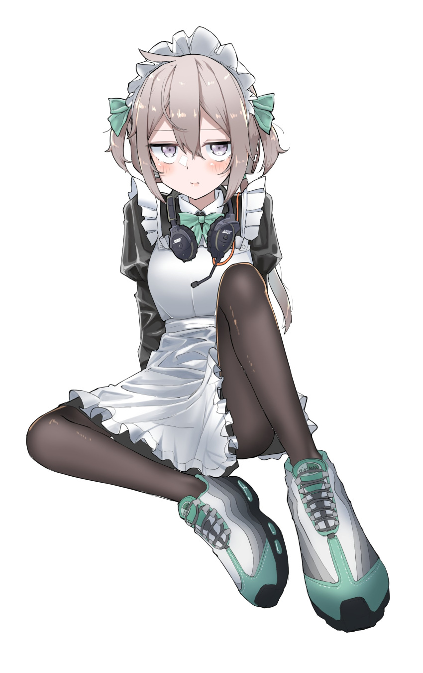 1girl absurdres ahoge alternate_costume alternate_hairstyle apron bangs blush breasts dress enmaided girls_frontline grey_hair highres m200_(girls_frontline) maid maid_apron maid_headdress medium_breasts medium_hair pantyhose puffy_sleeves purple_eyes ribbon shoes short_dress short_twintails sidelocks sitting sneakers solo tied_hair twintails yakiniku-joan.