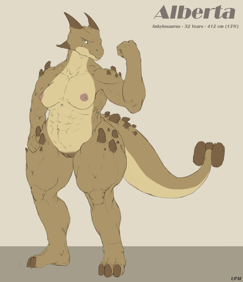 3_toes 5_fingers abs absurd_res alberta_(upai) ankylosaurian ankylosaurid ankylosaurus anthro areola biceps breasts brown_body brown_skin countershade_face countershade_neck countershade_tail countershade_torso countershading deltoids dinosaur feet female fingers genitals green_eyes hi_res horn looking_at_viewer muscular muscular_anthro muscular_female navel nipples non-mammal_breasts nude ornithischian pecs pussy quads reptile scalie serratus smile solo standing tagme tan_body tan_countershading tan_skin thick_thighs thigh_gap thyreophoran toes upai wide_hips