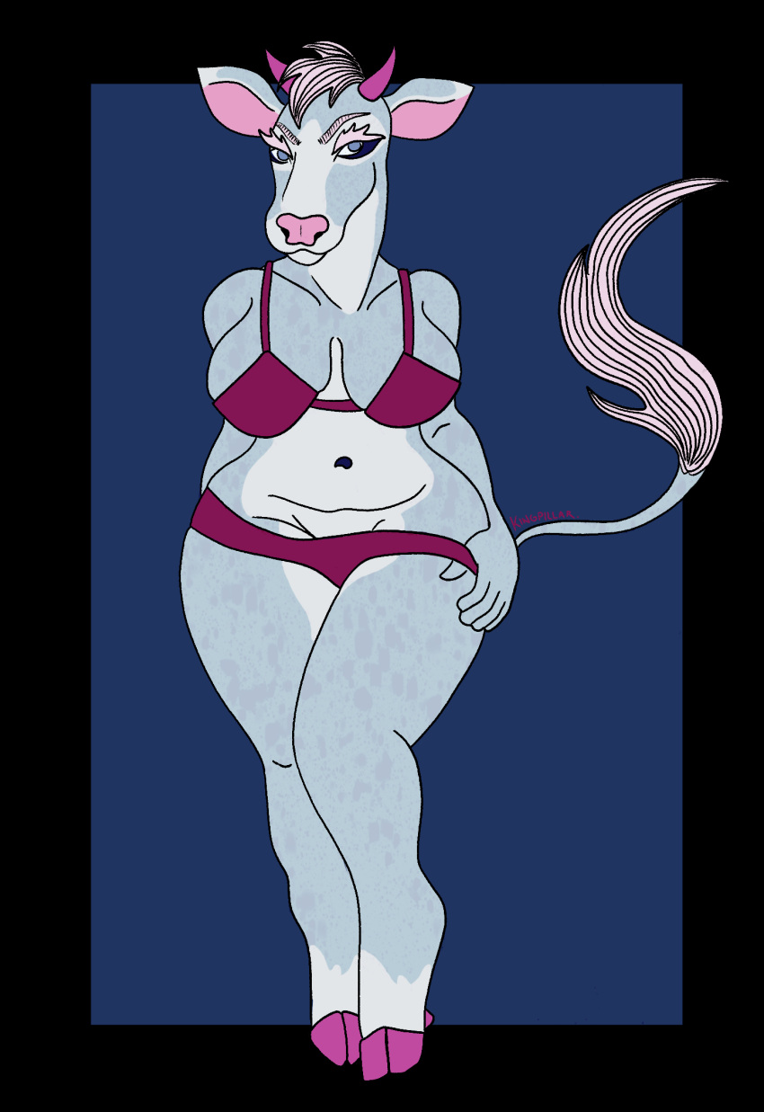 anthro belly blue_body blue_eyes blue_fur blue_skin bovid bovine breasts cattle clothing cloven_hooves female fur hair hi_res hooves horn kingpillar mammal mommy_kink mother parent pink_ears pink_hair pink_horn soft solo striptease tail_tuft thick_thighs tuft underwear undressing