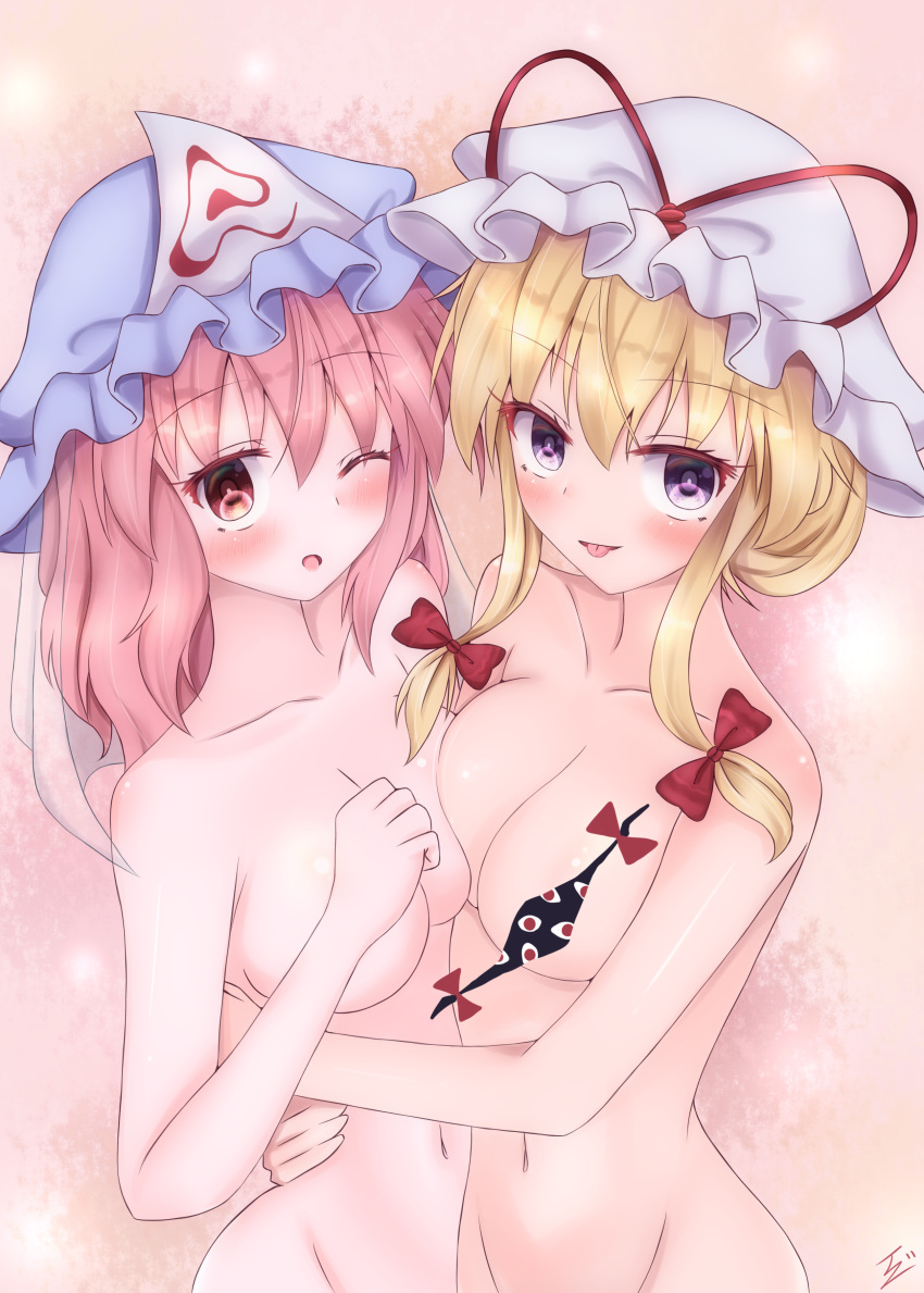 2girls :p absurdres arm_around_back asymmetrical_docking blonde_hair blue_headwear blush breast_press censored collarbone commentary_request eyebrows_visible_through_hair gap_(touhou) gradient gradient_background groin hair_between_eyes hair_ribbon hair_up hand_on_another's_back hat hat_ribbon highres ibuibuyou long_hair looking_at_viewer mob_cap multiple_girls navel novelty_censor nude one_eye_closed open_mouth out-of-frame_censoring pink_background pink_eyes pink_hair purple_eyes ribbon saigyouji_yuyuko short_hair sidelocks signature smile standing tongue tongue_out touhou tress_ribbon triangular_headpiece white_headwear yakumo_yukari yuri